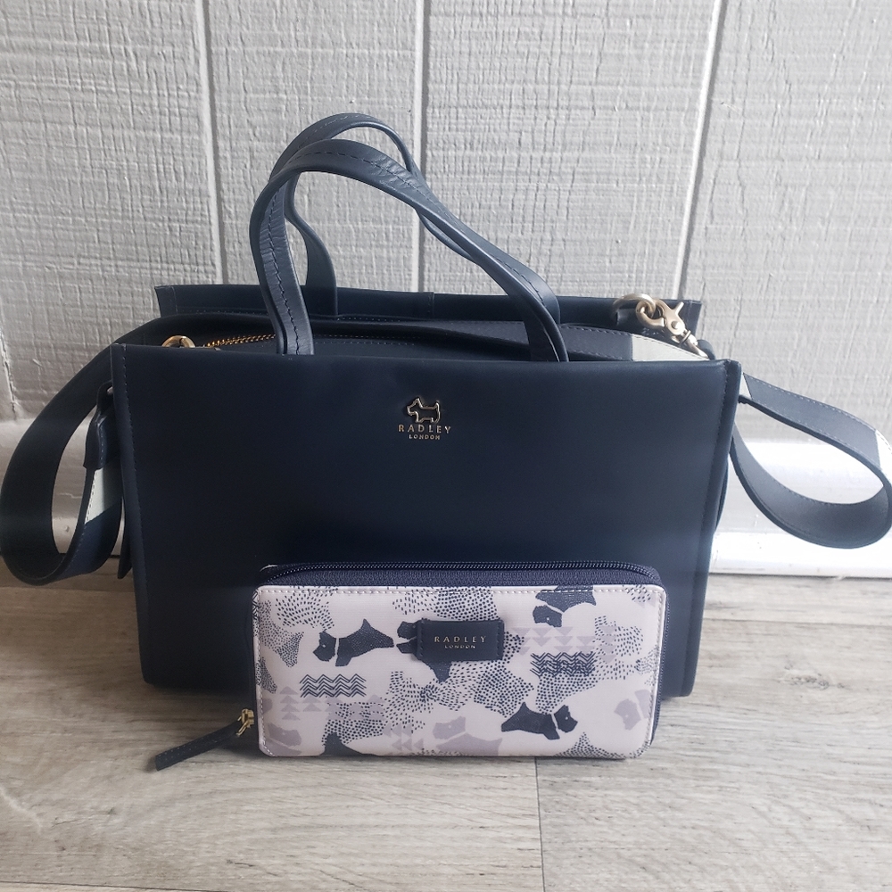 BNWOT Radley London Navy Blue Leather Handbag w/ Matching Wallet and Dust Cover
